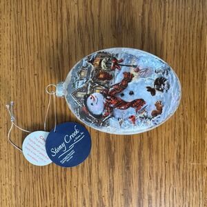 Stony‎ Creek Lighted Glass Oval Ornament Snowman Winter Scene Red Plaid